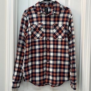 EUC RVCA Men's That’ll Work Flannel Button Down Shirt Navy/Red/Yellow Large